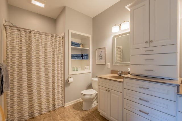 full bathroom featuring toilet, a shower with curtain, tile patterned floors, and vanity