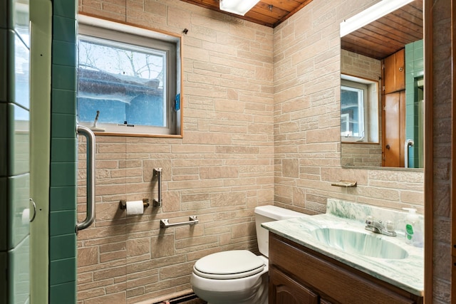bathroom featuring vanity, wood ceiling, and toilet