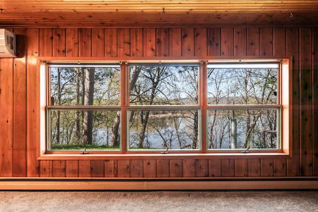 room details with wooden ceiling, wooden walls, and baseboard heating