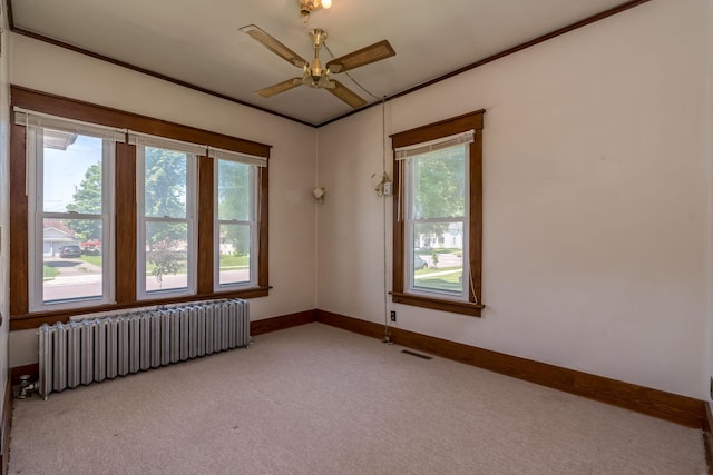 165 Park Ave, Le Center, MN 56057 - spare room with radiator heating unit, light colored carpet, a ceiling fan, plenty of natural light, and crown molding