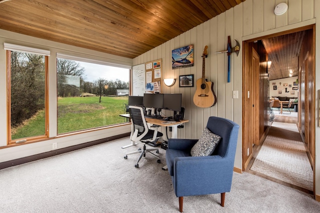 office area featuring wooden ceiling, carpet flooring, and lofted ceiling