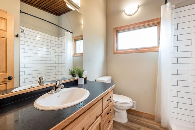 full bathroom with vanity, wood finished floors, toilet, and a shower with curtain