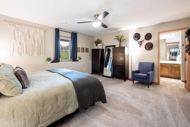 bedroom featuring a ceiling fan and light carpet