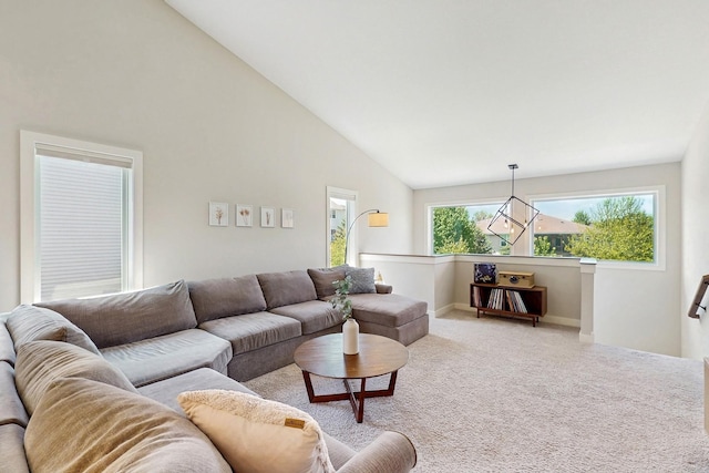 10725 Knollwood Ln, Woodbury, MN 55129 - living area featuring carpet, high vaulted ceiling, and baseboards