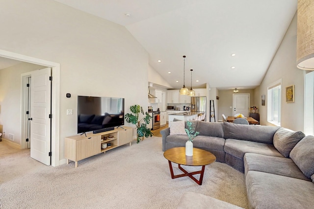 10725 Knollwood Ln, Woodbury, MN 55129 - living room featuring vaulted ceiling, light carpet, recessed lighting, and baseboards