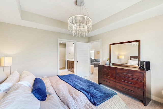 10725 Knollwood Ln, Woodbury, MN 55129 - bedroom featuring light colored carpet, a chandelier, baseboards, and ensuite bath