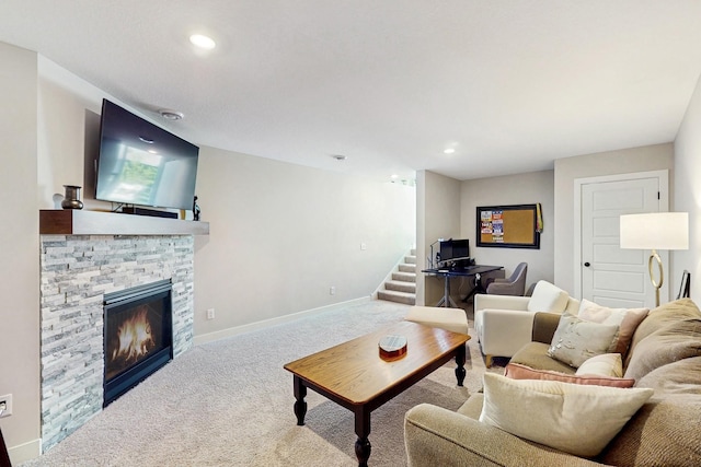 10725 Knollwood Ln, Woodbury, MN 55129 - living room featuring carpet floors, stairs, a stone fireplace, baseboards, and recessed lighting