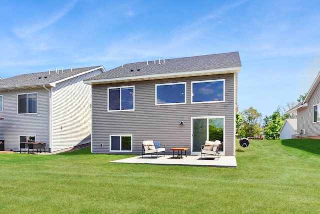10725 Knollwood Ln, Woodbury, MN 55129 - rear view of house featuring a patio, a lawn, and roof with shingles