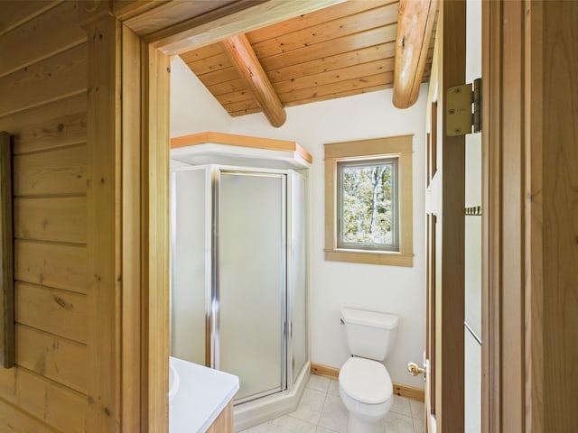 28656 195th Ave, Avon, MN 56310 - bathroom featuring a shower stall, toilet, wooden ceiling, beamed ceiling, and tile patterned flooring