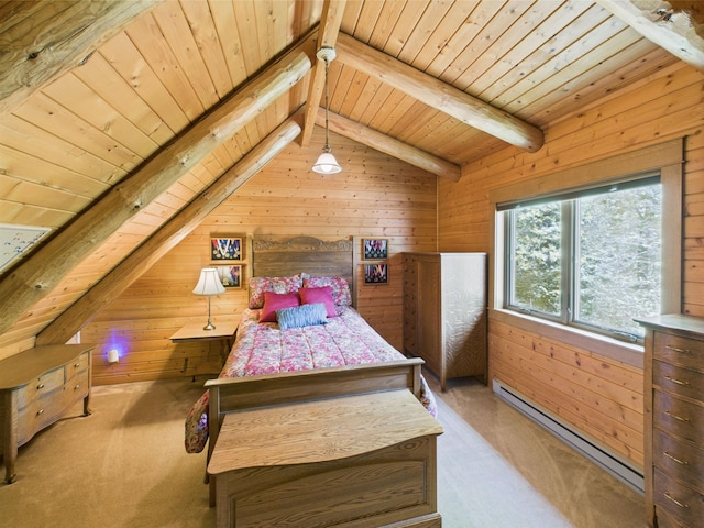 28656 195th Ave, Avon, MN 56310 - carpeted bedroom with baseboard heating, wood ceiling, and wooden walls
