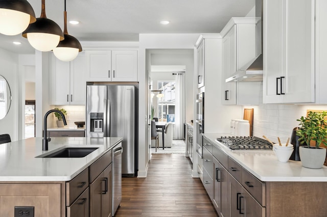 14580 106th Pl N, Maple Grove, MN 55369 - kitchen with dark wood-style flooring, a sink, light countertops, stainless steel appliances, and wall chimney exhaust hood