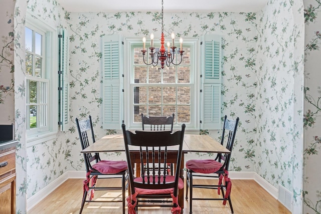 1870 Eleanor Ave, Saint Paul, MN 55116 - dining space featuring light wood-type flooring, a chandelier, wallpapered walls, and plenty of natural light