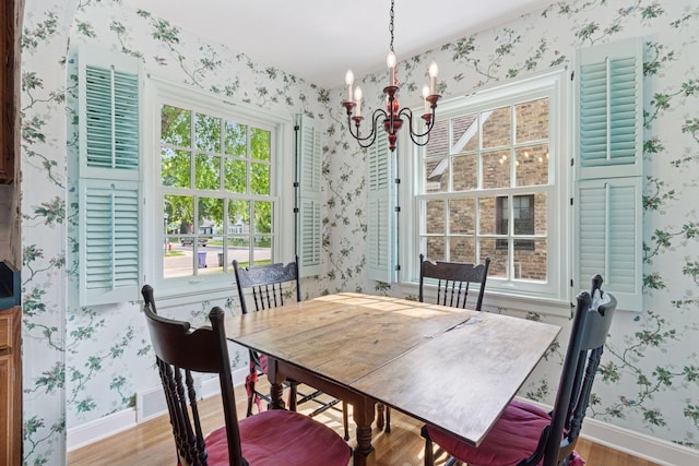 1870 Eleanor Ave, Saint Paul, MN 55116 - dining space with wallpapered walls, a chandelier, and light wood-type flooring
