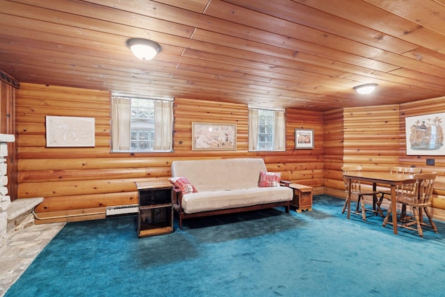 1870 Eleanor Ave, Saint Paul, MN 55116 - living area featuring baseboard heating, wooden ceiling, carpet, healthy amount of natural light, and rustic walls