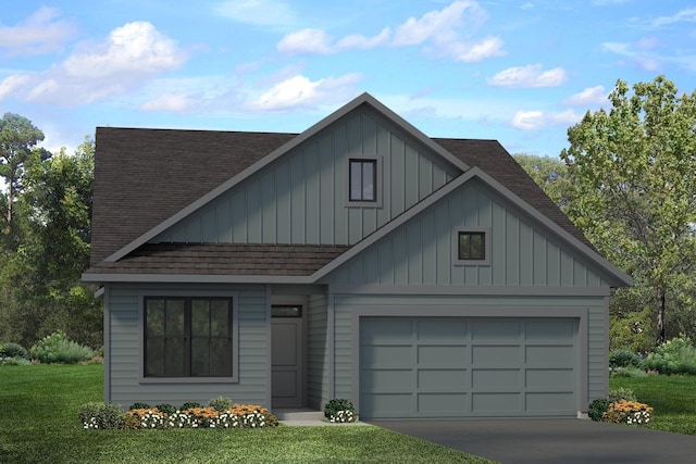 view of front of home featuring board and batten siding, driveway, and roof with shingles