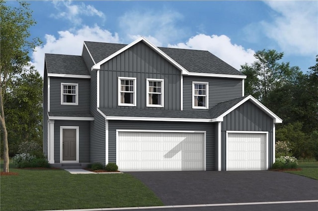 modern farmhouse style home featuring board and batten siding, an attached garage, and a front yard