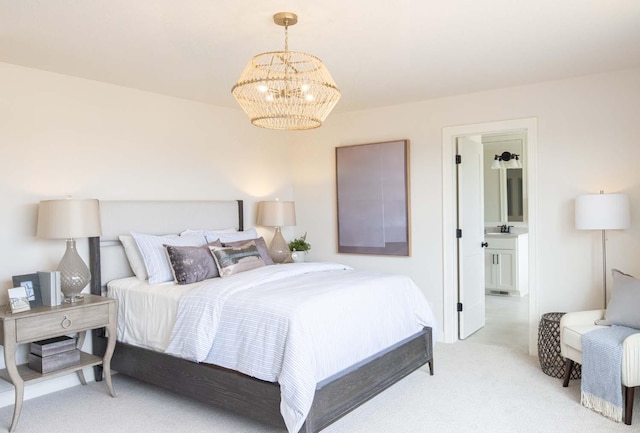 10451 Blackmoor Rd, Woodbury, MN 55129 - bedroom featuring light colored carpet, connected bathroom, and a chandelier