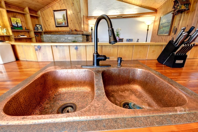 6575 145th St E, Cannon City Twp, MN 55057 - room details with a wood stove, wooden walls, and a sink