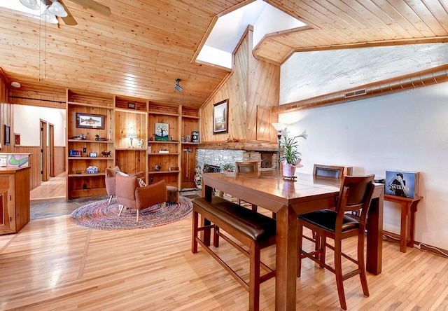 6575 145th St E, Cannon City Twp, MN 55057 - dining space with light wood finished floors, wood walls, and wooden ceiling