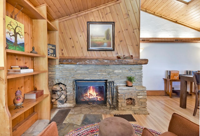 6575 145th St E, Cannon City Twp, MN 55057 - living room with wooden ceiling, a fireplace, baseboards, and wood finished floors