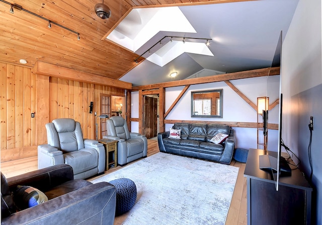 6575 145th St E, Cannon City Twp, MN 55057 - living area featuring wooden walls, wood finished floors, vaulted ceiling with skylight, and track lighting