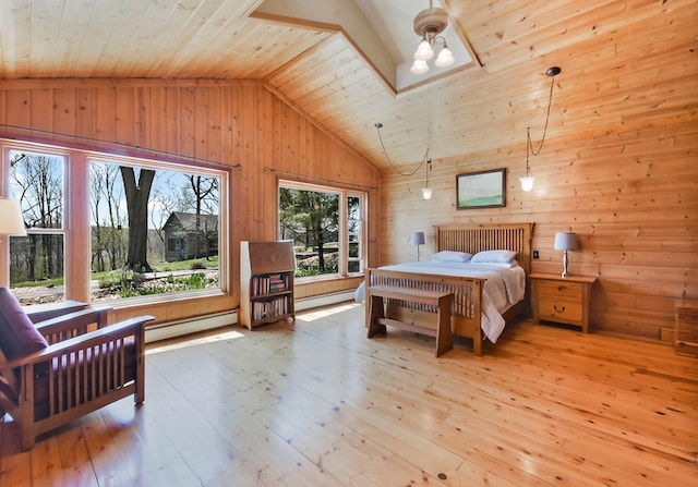 6575 145th St E, Cannon City Twp, MN 55057 - bedroom with wooden ceiling, lofted ceiling, wood walls, and baseboard heating