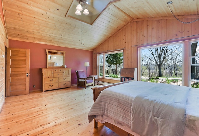 6575 145th St E, Cannon City Twp, MN 55057 - bedroom with wooden ceiling, baseboards, wooden walls, vaulted ceiling, and hardwood / wood-style floors