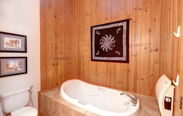 6575 145th St E, Cannon City Twp, MN 55057 - full bathroom featuring toilet, wood walls, and tiled bath