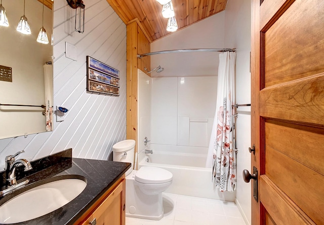 6575 145th St E, Cannon City Twp, MN 55057 - bathroom featuring toilet, shower / tub combo with curtain, wooden ceiling, vaulted ceiling, and vanity