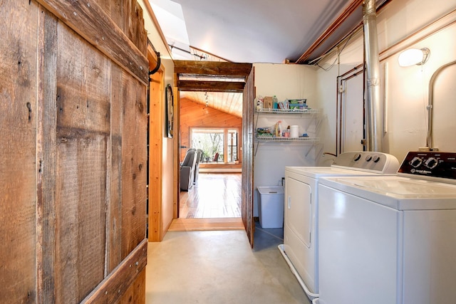 6575 145th St E, Cannon City Twp, MN 55057 - laundry area with independent washer and dryer, wood walls, and laundry area
