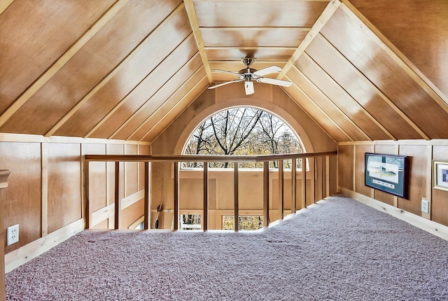 6575 145th St E, Cannon City Twp, MN 55057 - bonus room with wood walls, lofted ceiling, a ceiling fan, and carpet floors