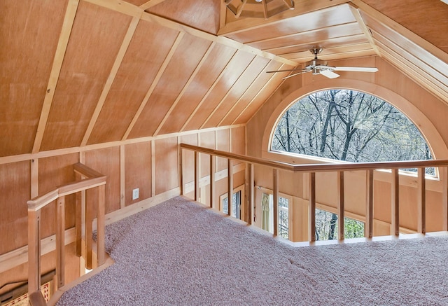 6575 145th St E, Cannon City Twp, MN 55057 - bonus room featuring lofted ceiling, carpet flooring, wood walls, and ceiling fan