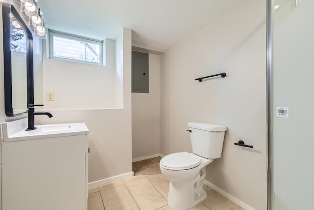 bathroom featuring electric panel, toilet, baseboards, tile patterned floors, and vanity