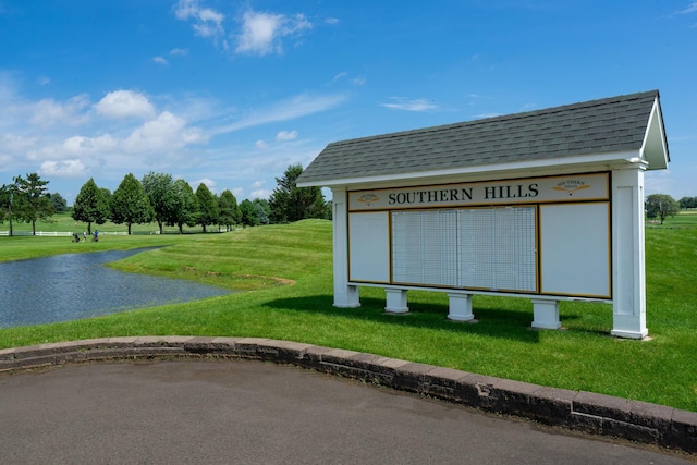 view of community featuring a water view and a lawn