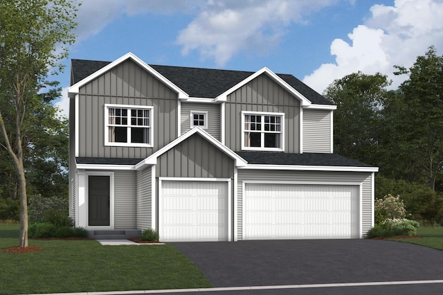 view of front facade featuring a front lawn, board and batten siding, roof with shingles, and a garage