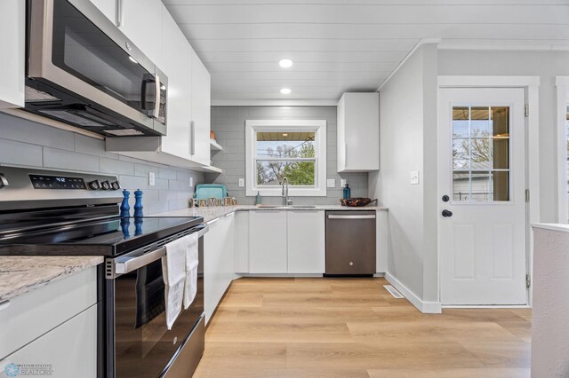 221 26th Ave N, Fargo, ND 58102 - kitchen with stainless steel appliances, a sink, white cabinetry, light wood finished floors, and recessed lighting