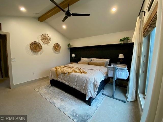 bedroom featuring carpet floors, ceiling fan, lofted ceiling with beams, and recessed lighting