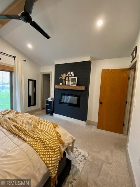 bedroom with a fireplace, vaulted ceiling, baseboards, light carpet, and recessed lighting