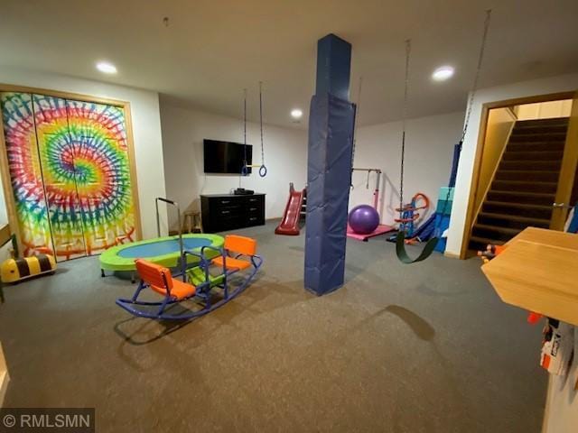 game room featuring carpet floors and recessed lighting