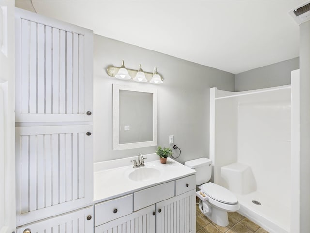 2200 Orchid Dr NE, Sauk Rapids, MN 56379 - bathroom with toilet, vanity, visible vents, tile patterned floors, and a shower stall