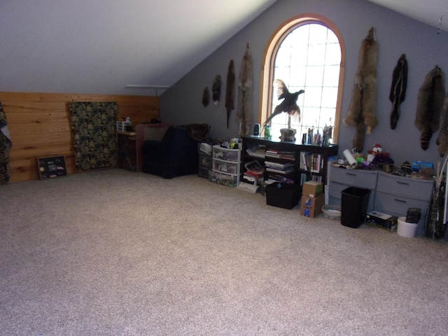 interior space with wood walls, vaulted ceiling, and carpet flooring