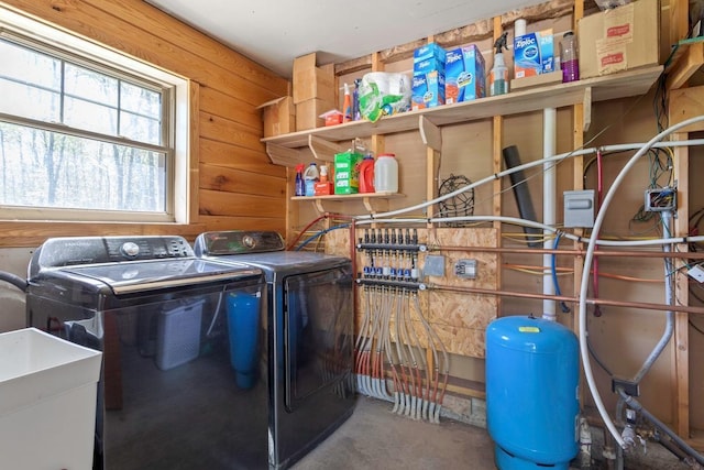 28667 Quarry St, Brook Park, MN 55007 - clothes washing area featuring washer and dryer and wood walls