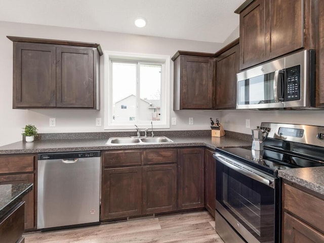 kitchen featuring dark brown cabinets, visible vents, a sink, dark countertops, and appliances with stainless steel finishes