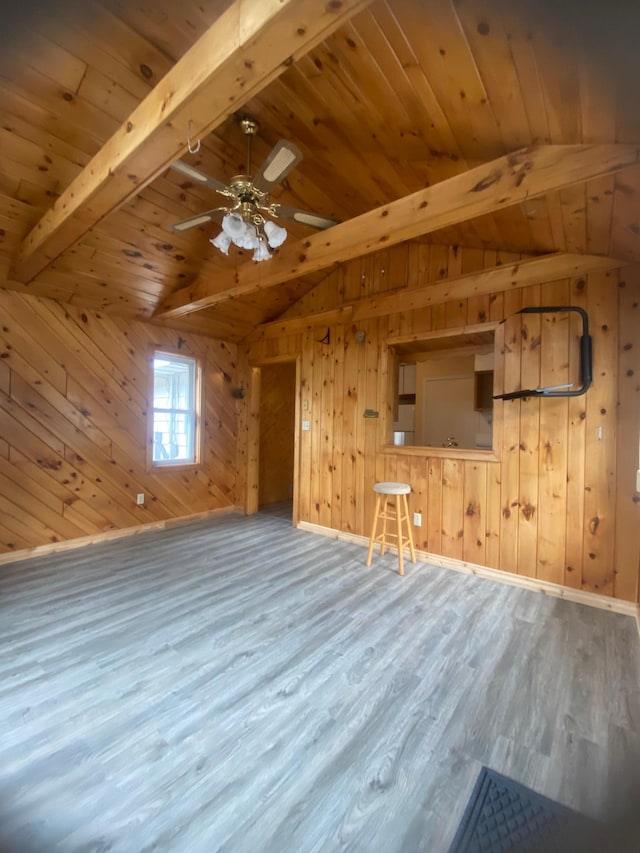 39 Erie St, Aurora, MN 55705 - additional living space featuring wood finished floors, wooden ceiling, baseboards, lofted ceiling with beams, and wooden walls