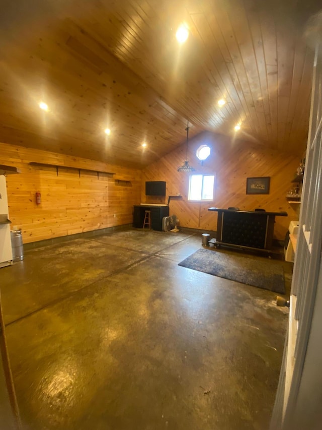 39 Erie St, Aurora, MN 55705 - interior space featuring wooden walls, wooden ceiling, and a wood stove