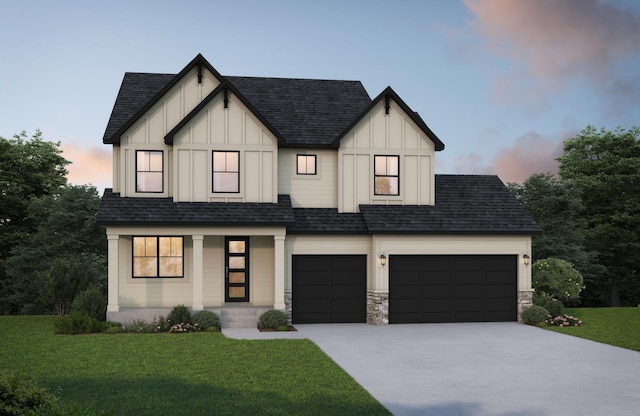 4181 Arbor Dr, Woodbury, MN 55129 - modern farmhouse style home with driveway, a front lawn, and board and batten siding
