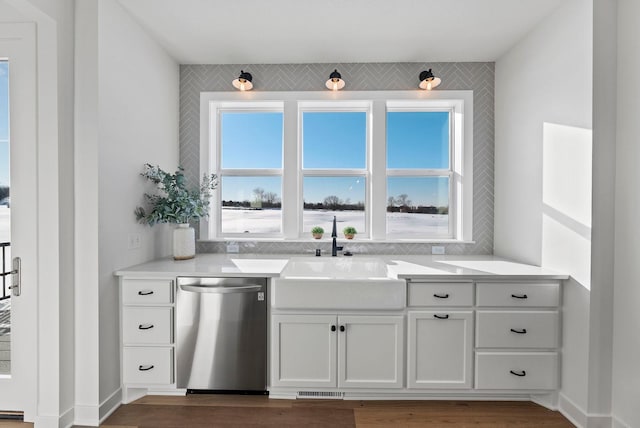 4181 Arbor Dr, Woodbury, MN 55129 - interior space featuring stainless steel dishwasher, a sink, dark wood-type flooring, and a healthy amount of sunlight