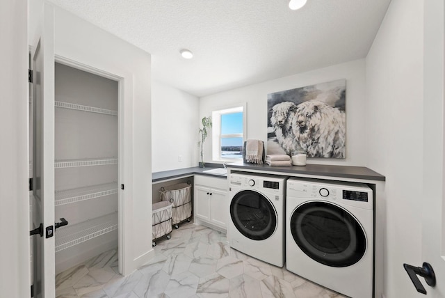 4181 Arbor Dr, Woodbury, MN 55129 - clothes washing area with cabinet space, a sink, marble finish floor, and washer and dryer