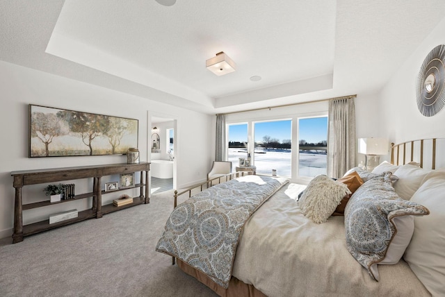 4181 Arbor Dr, Woodbury, MN 55129 - bedroom featuring baseboards, a raised ceiling, ensuite bath, and carpet