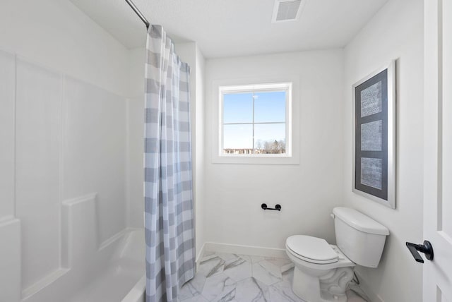 4181 Arbor Dr, Woodbury, MN 55129 - full bathroom featuring toilet, marble finish floor, visible vents, a shower with shower curtain, and baseboards